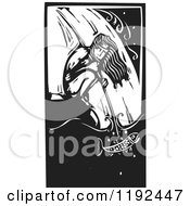 Poster, Art Print Of Crouching Native Man Spear Fishing At A Waterfall Black And White Woodcut