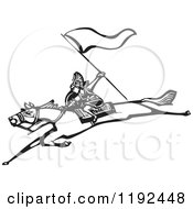 Clipart Of A Valkyrie Warrior With A Flag On A Leaping Horse Black And White Woodcut Royalty Free Vector Illustration by xunantunich