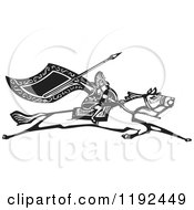Valkyrie Warrior With A Flag And Spear On A Running Horse Black And White Woodcut
