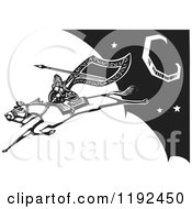 Poster, Art Print Of Valkyrie Warrior With A Flag And Spear On A Leaping Horse In The Night Sky Black And White Woodcut