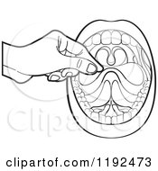 Clipart Of A Black And White Hand Over An Open Mouth Royalty Free Vector Illustration by Lal Perera