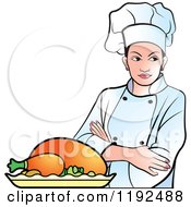 Clipart Of A Female Chef With Folded Arms And A Hat By A Roasted Turkey Royalty Free Vector Illustration