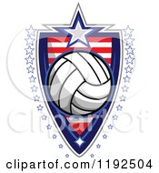 Clipart Of A Patriotic Volleyball Over An American Sripes Shield With A Border Of Stars Royalty Free Vector Illustration by Chromaco