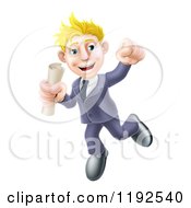 Cartoon Of A Happy Young Graduate Business Man Jumping And Holding A Diploma Royalty Free Vector Clipart
