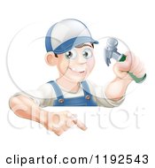 Cartoon Of A Happy Carpenter Man Holding A Hammer And Pointing Down At A Sign Royalty Free Vector Clipart