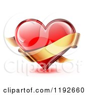 Poster, Art Print Of Red Glossy Heart With Light Reflections And A Golden Ribbon Banner On White