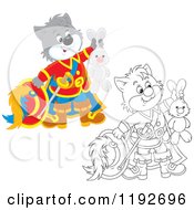 Cartoon Of Colored And Outlined Puss In Boots Holding Up A Stuffed Rabbit Royalty Free Vector Clipart by Alex Bannykh