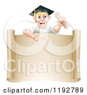 Cartoon Of A Happy Blond Graduate Man Holding A Degree And Pointing Down At A Parchment Scroll Royalty Free Vector Clipart