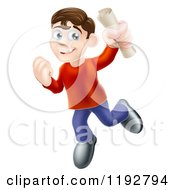 Cartoon Of A Happy Young Brunette Man Jumping With A Scroll In Hand Royalty Free Vector Clipart by AtStockIllustration
