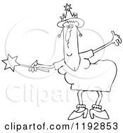 Cartoon Of An Outlined Chubby Fairy Godmother Bowing And Holding Out A Magic Wand Royalty Free Vector Clipart