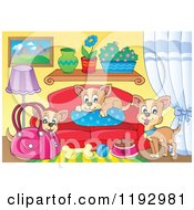 Poster, Art Print Of Chihuahua Dogs With Food A Bag And Bed In A Living Room