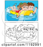 Poster, Art Print Of Happy Children Swimming On An Inflatable Mattress In Color And Black And White