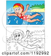 Poster, Art Print Of Happy Blond Girl Swimming Near An Island Beach In Color And Black And White