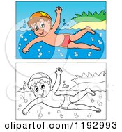 Poster, Art Print Of Happy Boy Swimming Near An Island Beach In Color And Black And White