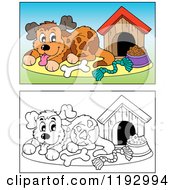 Poster, Art Print Of Happy Dog With Supplies By His House In Color And Black And White