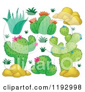 Poster, Art Print Of Green Cacuts Plants With Pink Flowers And Boulders