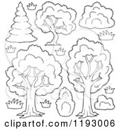 Cartoon Of Outlined Lush Trees With Shrubs And Flowers Royalty Free Vector Clipart