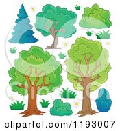 Cartoon Of A Lush Trees With Shrubs And Flowers Royalty Free Vector Clipart