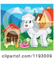Happy White Poodle With Food By A Dog House