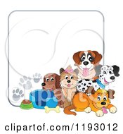 Poster, Art Print Of Dogs And Supplies With Paw Prints Around Copyspace