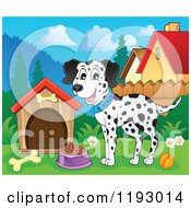Happy Dalmatian Dog With Food By A House