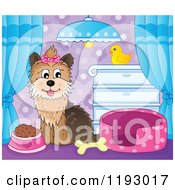 Poster, Art Print Of Happy Yorkie Terrier Sitting In A Room With Food A Bed And Bone