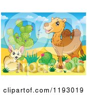 Poster, Art Print Of Fox And Camel By Cactus Plants In A Desert