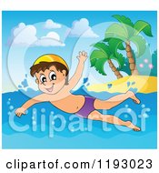 Poster, Art Print Of Happy Boy Swimming Near An Island Beach