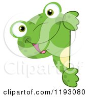 Cartoon Of A Happy Green Frog Looking Around A Sign Or Edge Royalty Free Vector Clipart