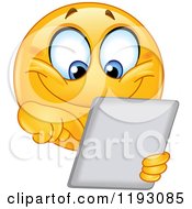 Cartoon Of A Happy Smiley Emoticon Using A Tablet Computer Royalty Free Vector Clipart by yayayoyo #COLLC1193085-0157