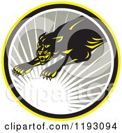 Poster, Art Print Of Leaping Panther In A Gray Circle With A Sun Burst