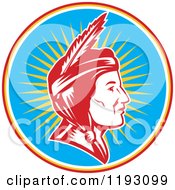 Clipart Of A Retro Profiled Native American Indian Woman Woodcut Over Rays In A Blue Circle Royalty Free Vector Illustration