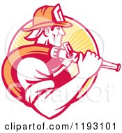 Retro Fireman In Profile Carrying A Hose Over His Shoulder Against A Yellow Ray Circle