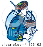 Poster, Art Print Of Retro Scotsman Playing Bagpipes Over A Blue Circle