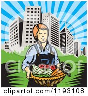 Poster, Art Print Of Woodcut Female Farmer With A Basket Full Of Organic Produce Near A City