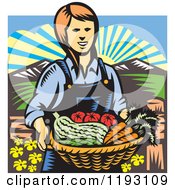 Poster, Art Print Of Woodcut Female Farmer With A Basket Full Of Organic Produce