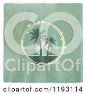 Poster, Art Print Of Circular Scene Of A Tropical Ocean Sunset With Palm Trees On Distressed Green Wood With A White Border