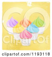Poster, Art Print Of Colorfully Frosted Cupcakes Over Distressed Yellow With A White Border