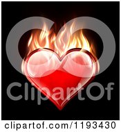 Reflective Red Heart Burning With Flames On Black