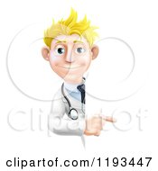 Friendly Blond Male Doctor Pointing To A Sign