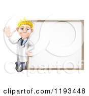 Friendly Blond Male Doctor Waving And Leaning Against A White Board