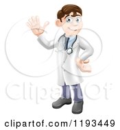 Cartoon Of A Friendly Brunette Male Doctor Waving Royalty Free Vector Clipart