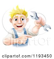 Cartoon Of A Happy Blond Worker Man Holding A Wrench And Pointing Royalty Free Vector Clipart