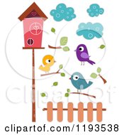 Poster, Art Print Of Sticker Styled Birds Clouds Branches A Fence And House
