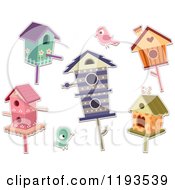 Cartoon Of Sticker Styled Birds And Houses Royalty Free Vector Clipart