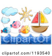 Cartoon Of Sticker Styled Fish Waves And A Sailboat Royalty Free Vector Clipart