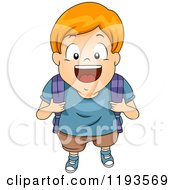 Cartoon Of A Happy Red Haired Caucasian Boy Holding His Backpack Straps And Looking Up Royalty Free Vector Clipart