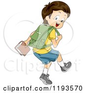 Happy Brunette Caucasian Boy Walking With A Backpack And Book In Hand
