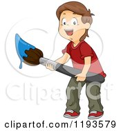 Poster, Art Print Of Happy Brunette Caucasian Boy Holding A Giant Paintbrush With Blue Paint
