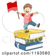 Poster, Art Print Of Happy Boy With A Red Flag On A Stack Of Giant Books